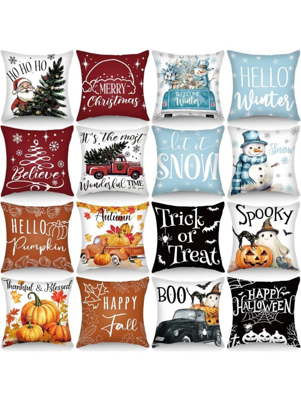 Set of 16 Winter Throw Pillow Covers 18x18" | Christmas & Holiday Decor for